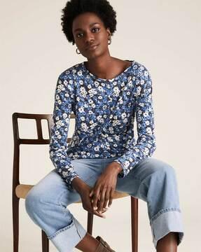 floral print linen straight fit long sleeve top