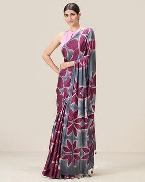 floral print liva saree with tassels