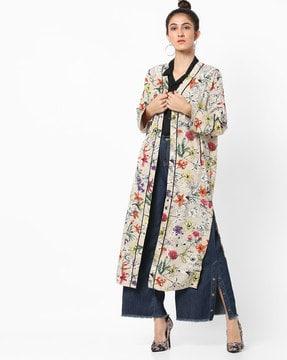 floral print long jacket with side slits