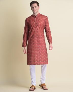 floral print long kurta with mandarin collar