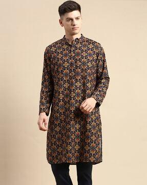 floral print long kurta with mandarin collar