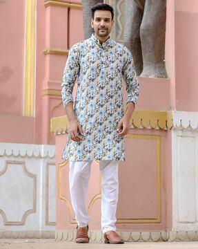 floral print long kurta with mandarin collar