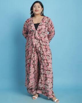 floral print long shrug with front tie-up
