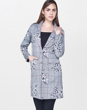 floral print longline jacket with notched lapel collar
