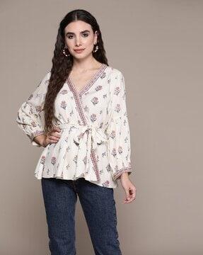 floral print loose fit wrap top