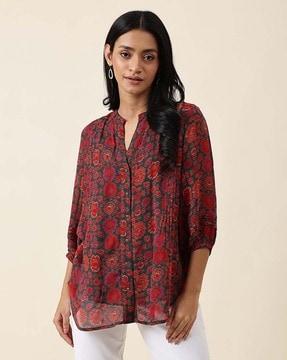 floral print mandarin-collar shirt