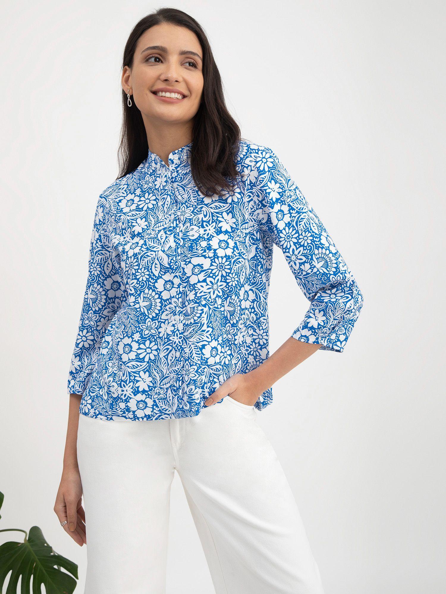 floral print mandarin neck top - blue