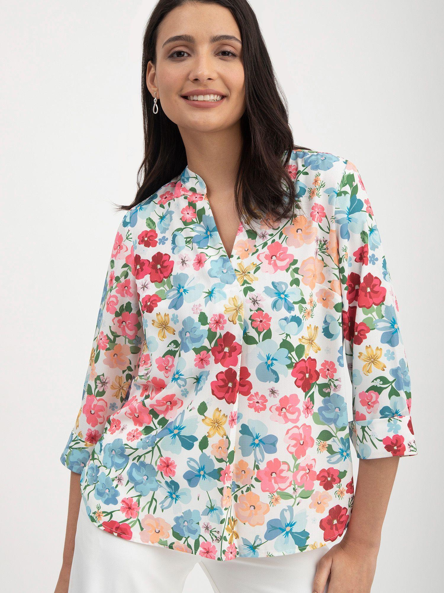 floral print mandarin neck top - multi color