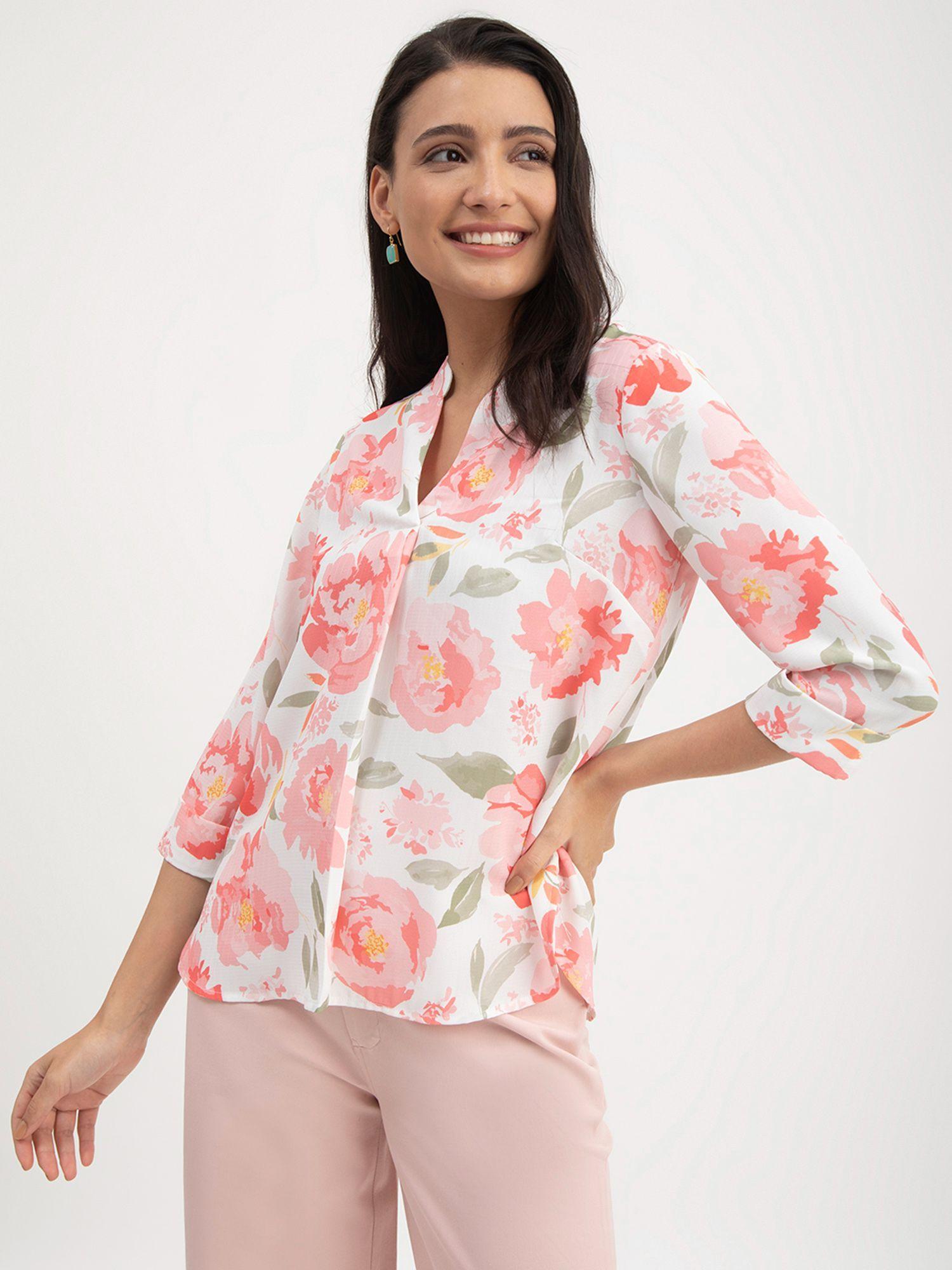 floral print mandarin neck top - white