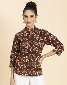 floral print mandarin-neck top