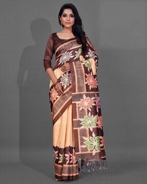floral print manipuri silk saree with tassels
