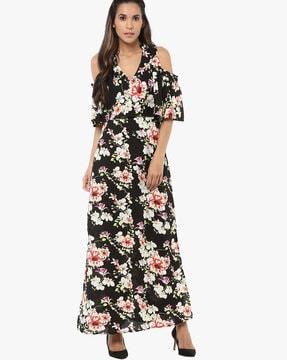 floral print maxi a-line dress with cold-shoulder sleeves