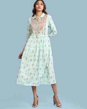 floral print maxi a-line dress with shirt collar
