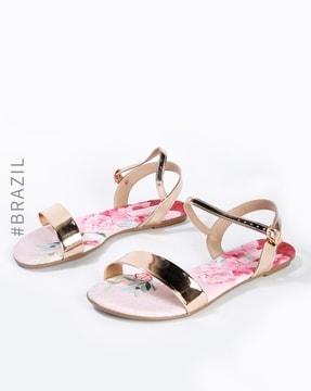 floral print metallic slingback flat sandals
