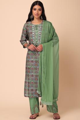 floral print muslin straight kurta with pant and chiffon dupatta (set of 3) - green