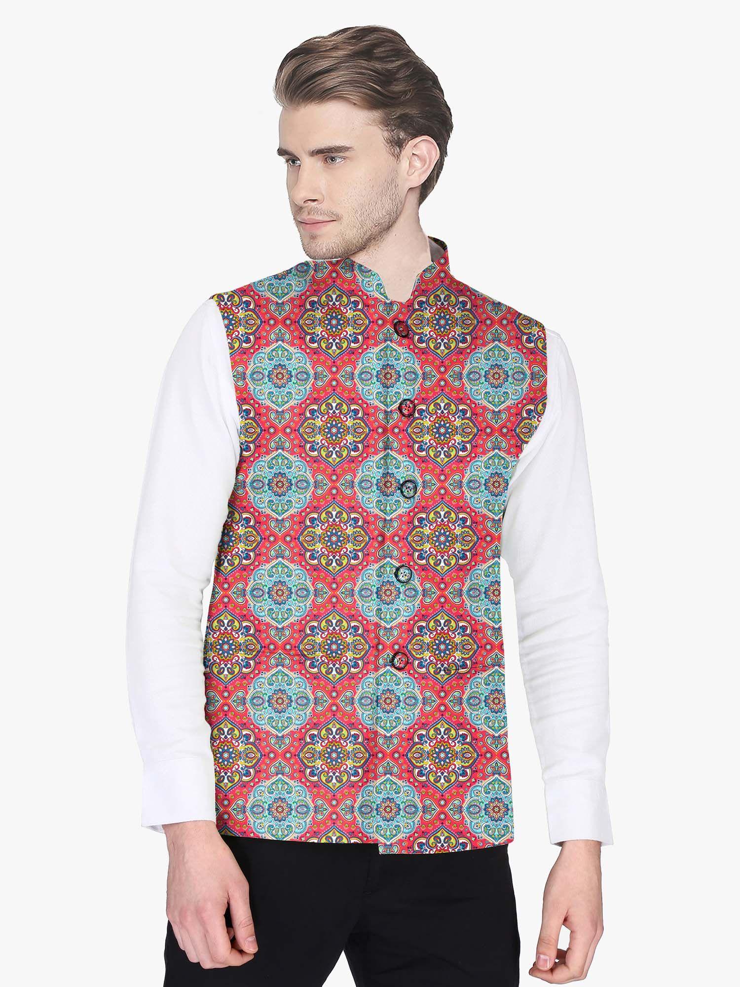 floral print nehru jacket for men