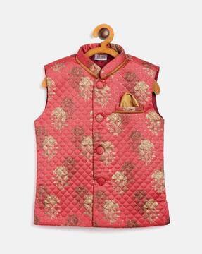 floral print nehru jacket with patch pocket
