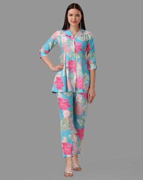 floral print notched lapel top & pants set