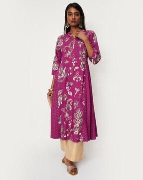 floral print notched-neck a-line kurta