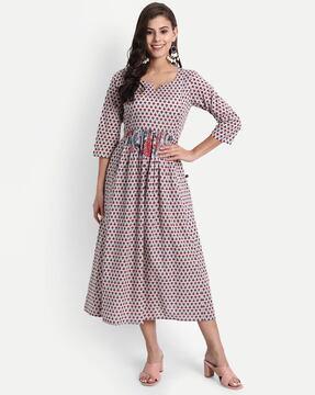 floral print notched round-neck a-line dress