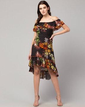 floral print off-shoulder fit & flare dress