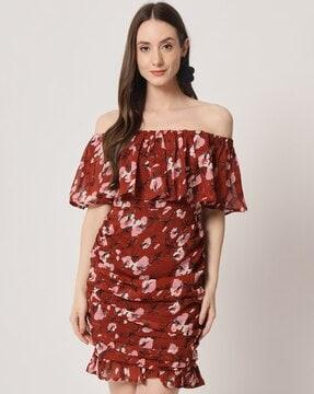 floral print off-shoulder ruched dress