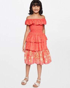 floral print off-shoulder tiered dress