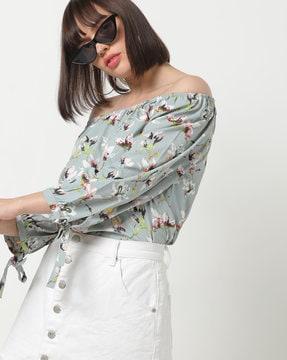 floral print off-shoulder top with tie-up