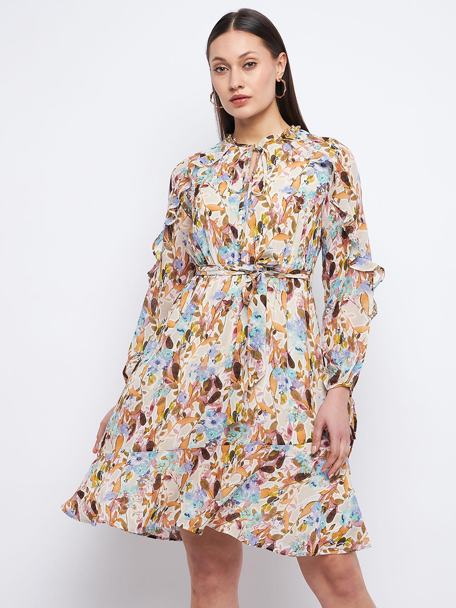 floral print off-white ruffle dress with belt (set of 2)