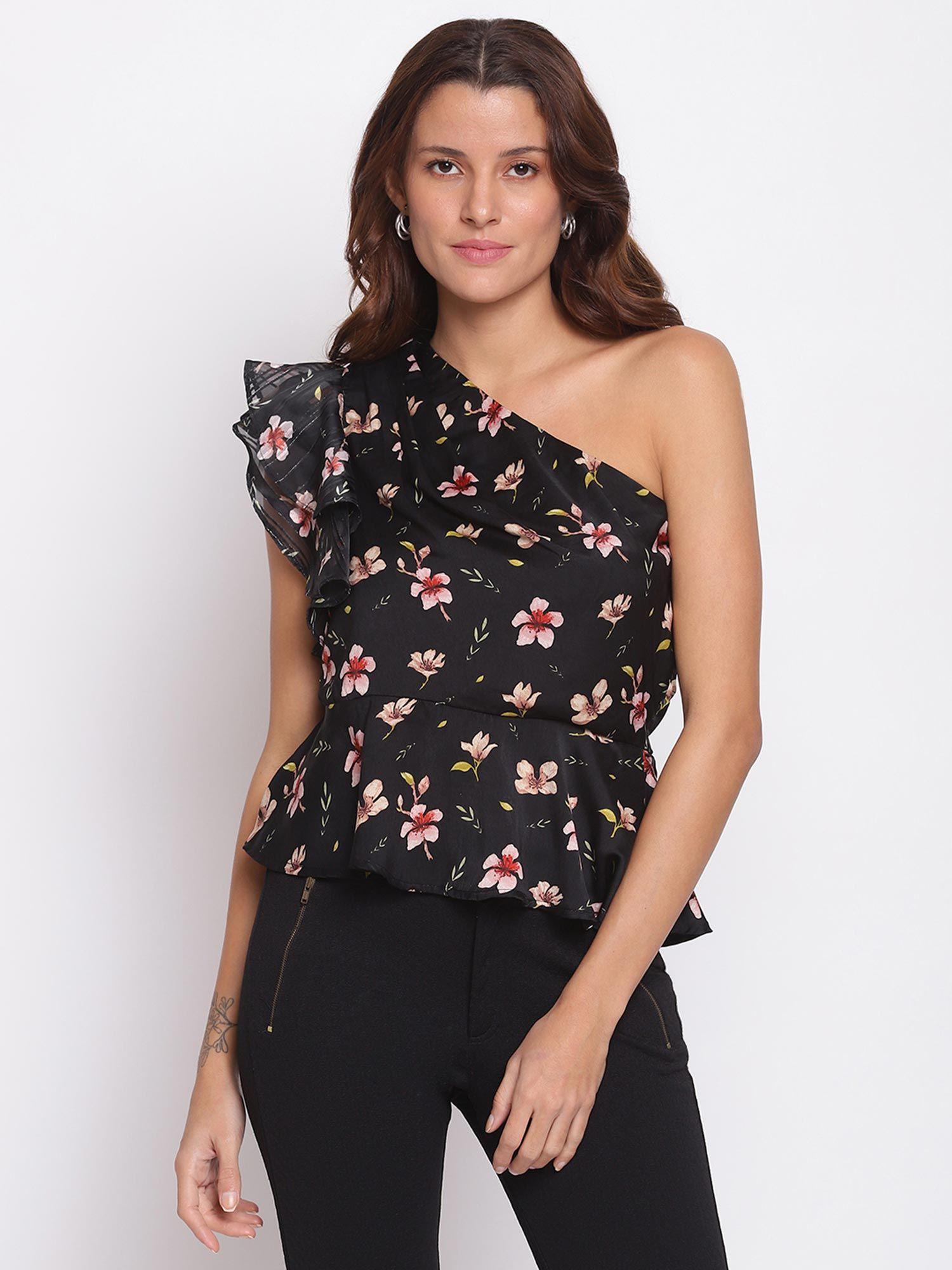 floral print one shoulder party top black