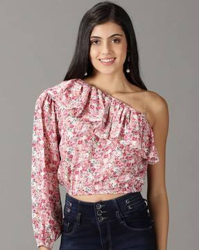 floral print one-shoulder sleeve top