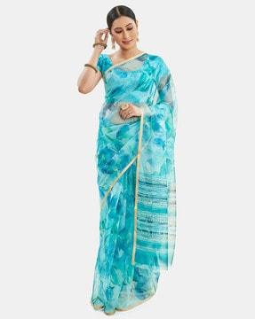 floral print organza saree with lace border