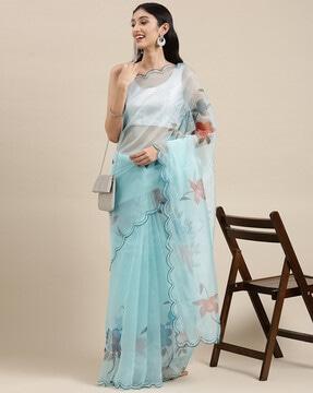 floral print organza saree with scalloped border