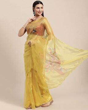 floral print organza saree with scalloped hem