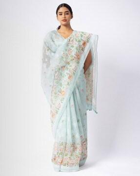 floral print organza saree with tassels