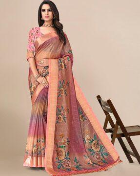 floral print organza saree with tassels