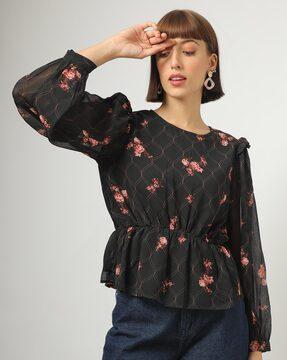 floral print peplum top with bishop sleeves