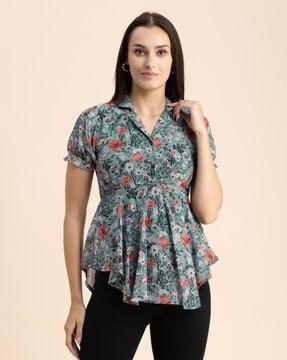 floral print peplum top with button accent