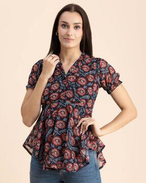 floral print peplum top with button accent