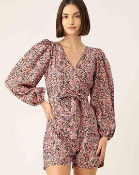 floral print playsuit with puff sleeves