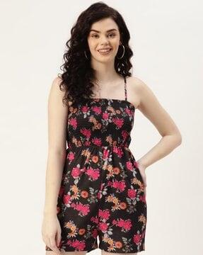 floral print playsuit with smocked detail
