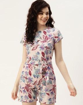 floral print playsuit with waist tie-up