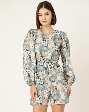 floral print playsuit with waist tie-up