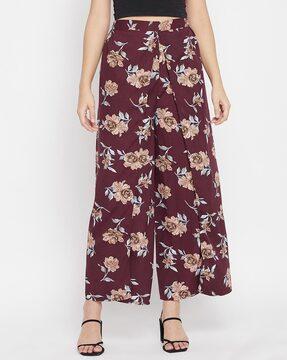 floral print pleat-front flared trousers