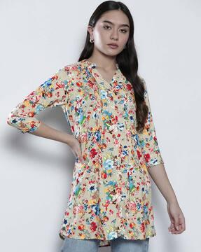 floral print pleated button-down a-line tunic