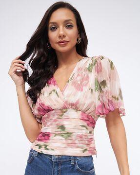 floral print pleated top with bell sleeves