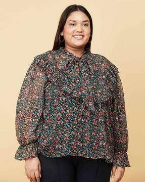 floral print plus size tie-up neck top