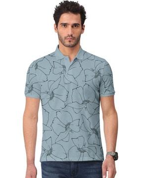 floral print polo t-shirt with ribbed hem