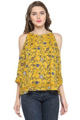 floral print polyester boat neck womens wrap top - mustard