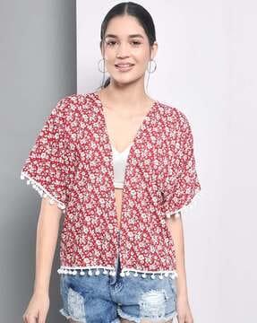 floral print pom-pom hemline shrug